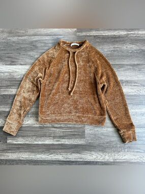 Mango MNG Chenille Hooded Sweater Caramel Brown Pullover Size XS